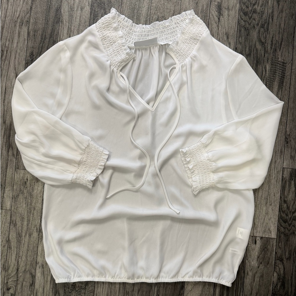 New York & Company Elegant White Blouse with Smocked Details